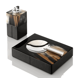 Luxury Custom Made Black Italian Leather & Horn Lighter * Chromed Brass Accents * 6 x 3 x 3 inches