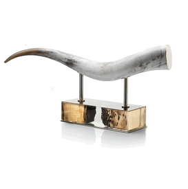 Luxury Custom Made 24k Gold Plated Brass Mounted Long Horn Sculpture * Venetian Driftwood, Aquamarine Base * 18 x 35 x 7 inches