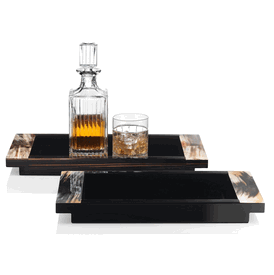 Luxury Italian Black Lacquer Tray * Polished Horn Accents * Custom Made To Order * 4 x 50 x 25 cm
